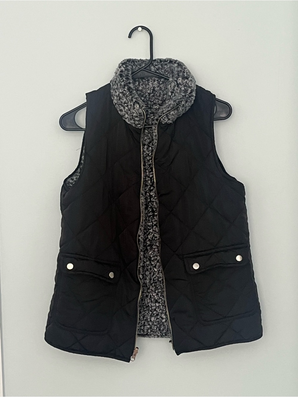 Black Quilted Women's Vest with Gray Sherpa Trim and Interior